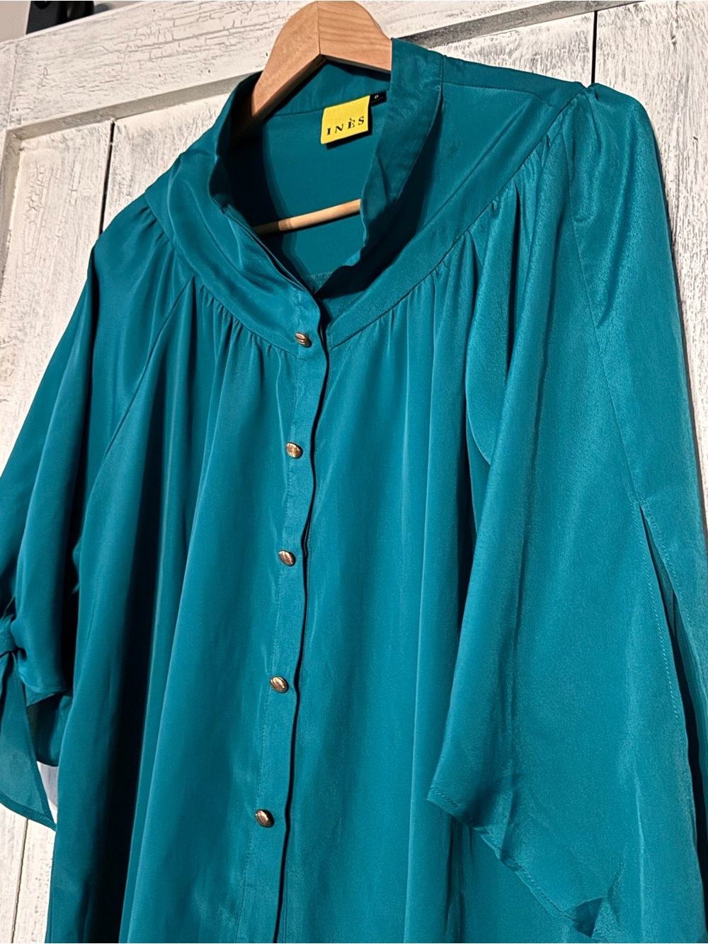 Emerald Teal Button-Front Women's Blouse Sz L ines oversized